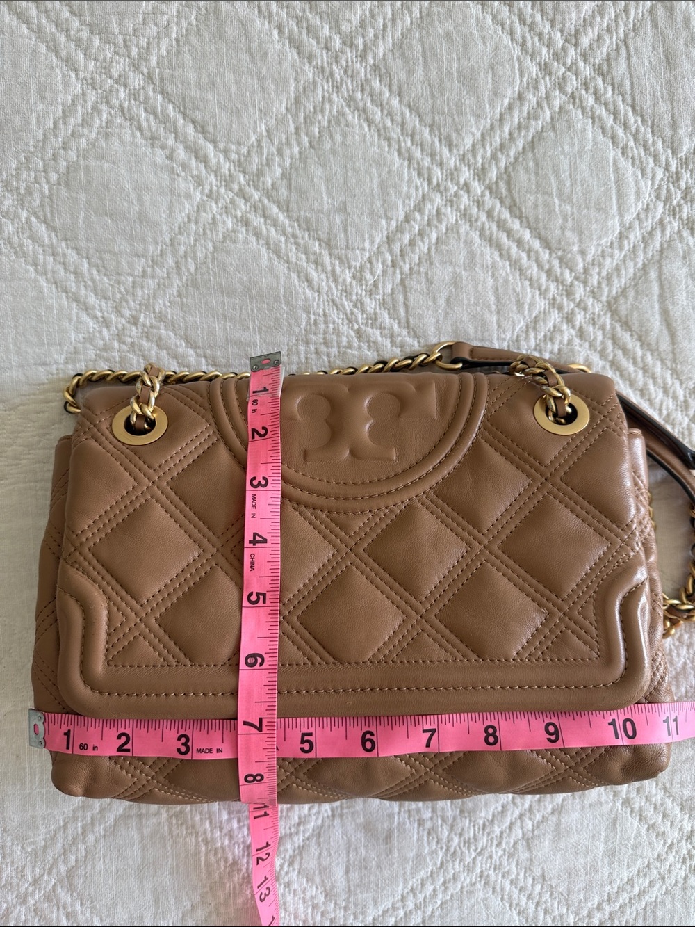 Tory Burch Fleming Soft Leather Convertible Shoulder Bag Warm Tan Gold Chain - Picture 11 of 17